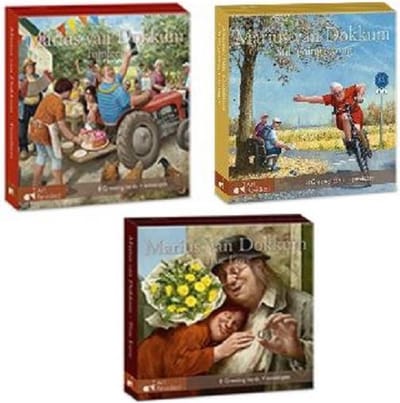Marius van Dokkum. Set van 3 kaartenmapjes met dubbele wenskaarten True love - Still going strong - Tuinfeest ( totaal 24 kaarten)