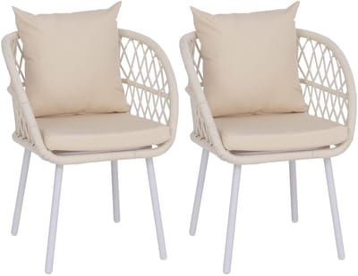 Set van 2 tuinstoelen MCW-Q38, tuinstoel met armleuningen, aluminium vlechtwerk Rope ~ frame lichtgrijs, bekleding crèmekleurig