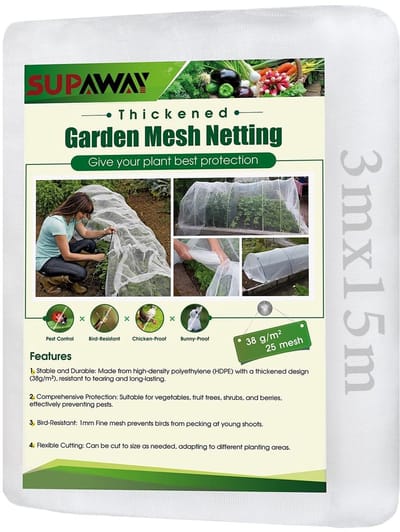 Dailygoods - Groentebed, cultuurbeschermingsnet, 3 x 15 m, fijnmazig plantenbeschermingsnet, insectenwerend net, maaswijdte 1 mm, voor fruit, bloemen en vogels, voor effectieve bescherming tegen ongedierte