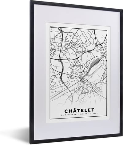 Fotolijst incl. Poster Zwart Wit- Zwart Wit – België – Plattegrond – Stadskaart – Kaart – Châtelet - 30x40 cm - Posterlijst