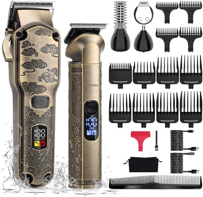 Hatteker Professionele Tondeuse en 4-in-1 Trimmer Set voor Heren – Haartrimmer, Baardtrimmer, Precisie Trimmer & Neustrimmer – IPX7 Waterdicht – USB Oplaadbaar – Draadloos T-Blade – Bronskleurig