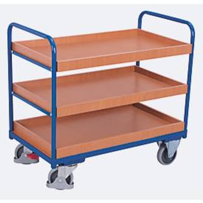 Etagewagen, staal/MDF-plaat, decor gentiaanblauw/beuken, 3 etages, 815 x 455 mm, EasySTOP, tot 250 kg