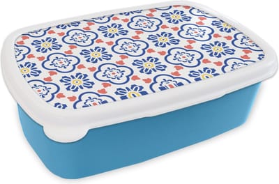 Broodtrommel Blauw - Lunchbox - Brooddoos - Bloem - Blauw - Rood - Patroon - 18x12x6 cm - Kinderen - Jongen