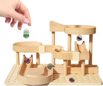 Knikkerbaan Bouwspel - Houten Constructie - Creatief Spelen - Modulair Systeem - 30 x 30 x 10 cm - Houtkleur