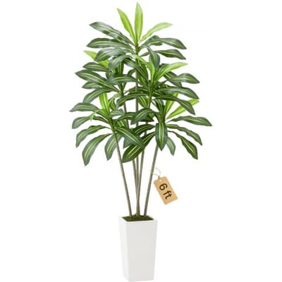 VEVOR Kunstmatige Dracaena, 1,8 m hoge drakenboom, tropische planten met witte hoge plantenbak, kunstzijden plant in pot, grote bomen voor veranda's, woonkamers, patio's, huizen en kantoren