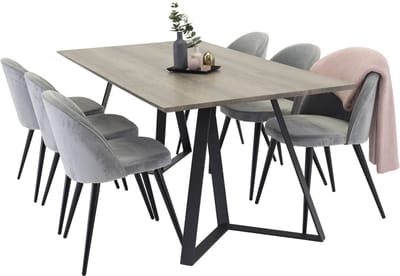 MarinaGRBL eethoek eetkamertafel el hout decor grijs en 6 Velvet eetkamerstal velours lichtgrijs.