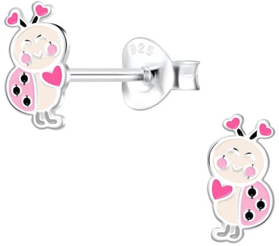 Joy|S - Zilveren lieveheersbeestje oorbellen - roze met hartjes - 4 x 9 mm