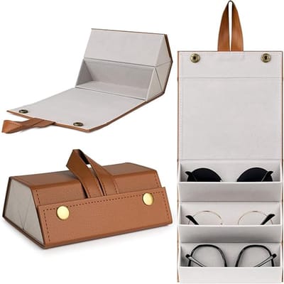 Zonnebrillen opberg box - 16×12×5cm - Geschikt voor 3 brillen - Brillen Doos - Opvouwbare - Brillen opbergdoos - Draagbare reisbril-organizer - PU lederen - Vochtbestendig - Unisex - Gemakkelijk mee te nemen - Voor Brillen En Sieraden - Bruin