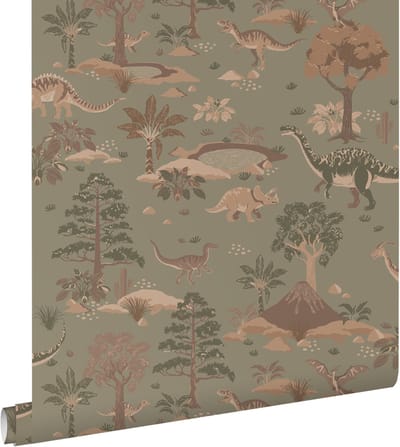 ESTAhome behang dinosaurussen vergrijsd groen en bruin - 50 x 900 cm - 131657