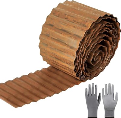 Gazonrand van cortenstaal in roestlook, 10m x 14,5cm - Doe-het-zelf borderrand voor gazon - Maaikanomranding - Tuinrand van verzinkt metaal met handschoenen.