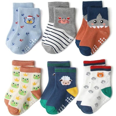 6 Paar Jongens Kinderen Antislip Sokken Schattig Cartoon Patroon Ademend Comfortabel Kinderen Vloersokken Voor Alle Seizoenen S 0-1Y 10-12cm gray