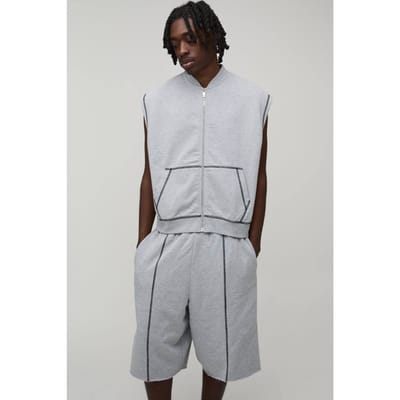 Oversized Boxy Loopback Mouwloos Ritssluiting Jersey Gilet En Jort Trainingspak | Grey Marl | Size XS