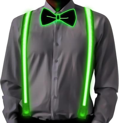 Lichtgevende bretels en vlinderdas voor heren, 2 stuks/set, verstelbare oplichtende stropdassen en Y-vorm, lichtgevende bretels met 3 flitsmodi, voor Halloween party, muziekfestival, Kerstmis,Groen