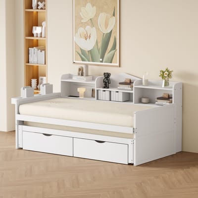 OKWISH Bed 90x200 cm - Uitklapbed 90x190 cm Met USB Oplaadpunt - Uitschuifbed Met 2 Lades En Opbergvak - Gastenkamer - Hout Wit - Zonder matras