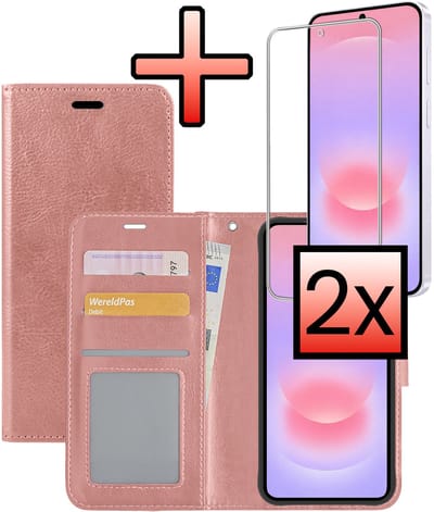 Hoesje - Met 2x Screenprotector - Geschikt voor Samsung Galaxy A37 - Luxe Pasjeshouder - Bookcase Portemonee - Flip Case - Kunstleer Book Case - Flipcase Hoes - Book Cover - Walletcase - Portemonneehoes - Rosé goud