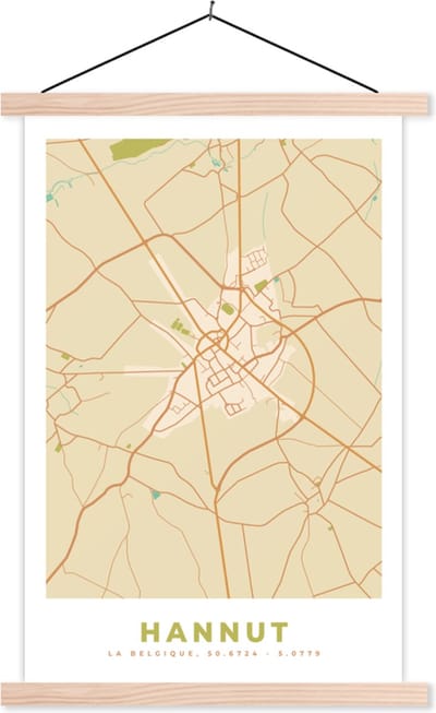 Posterhanger incl. Poster 40x60 cm - Schoolplaat - Kaart - België - Hannut - Plattegrond - Stadskaart - Textielposter - Blanke latten - Stadskaart