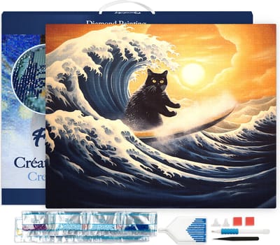Figured'Art Diamond Painting set Volwassenen 40x50 cm met lijst De grote golf van de zwarte kat - 5D DIY Art full drill vierkante diamant - Canvas al ingelijst