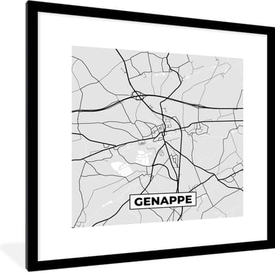 Fotolijst incl. Poster Zwart Wit- Stadskaart – Plattegrond – België – Zwart Wit – Genappe – Kaart - 40x40 cm - Posterlijst