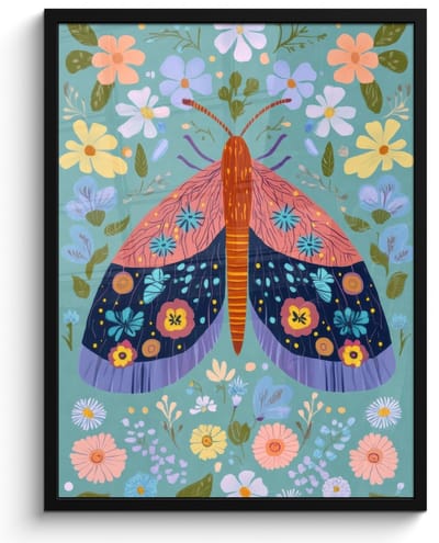Poster in lijst - Fotolijst 50x70 cm - Posters - Vlinder - Sierlijk - Bloemen - Bladeren - Posterlijst zwart - Decoratie - Wanddecoratie woonkamer - Muurdecoratie slaapkamer