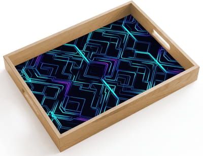 Dienblad hout 40x30 cm - Schootdienblad - Gaming - Ruitvormen - Abstract - Neon - Paars - Borrelplank rechthoek - Plateau dienbladen