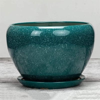 Bloempot Keramiek - Pot met Schotel - Planten Binnen - Met Afvoergaten - 20 x 14.5cm - Donkergroen