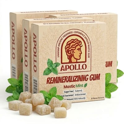 Apollo Kauwgom - 100% Natuurlijk - Plasticvrij - Whitening Effect - Sterk Glazuur - Frisse Adem - Mastic Mint - met Xylitol - 72 stuks 4-Pack