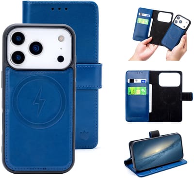 Casemania Echt Leren Hoesje Geschikt voor Apple iPhone 17 Pro - Navy Blue - Geschikt voor MagSafe - Leer 2 in 1 Magnetisch Afneembare Book Case - Portemonnee Telefoonhoesje met Pasjeshouder