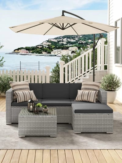 Archi Tuinmeubelset – Tuinset - 3-zits Loungeset met Hocker en Glazen Tafel – Handgevlochten Rotan – Inclusief Kussens – Grijs