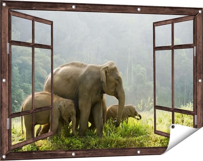 Gards Tuinposter Doorkijk Olifanten Familie in de Jungle - Olifant - 120x80 cm - Tuindoek - Tuindecoratie - Wanddecoratie buiten - Tuinschilderij