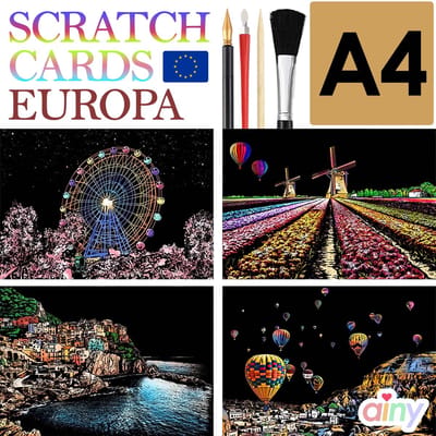 Ainy - Scratch Art Europa (A4) | 4 krastekening incl. gereedschappen | Kras tekeningen | Schilderen op kleuren kunst kraskaart | hobby & creatief voor volwassenen en kinderen (meisjes) | Knutselen - ontspanningspakket | DIY schilderijen set nummer 2