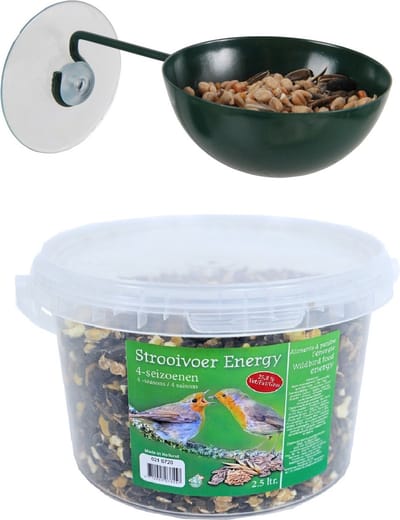 Raamvoederbakje voor vogelvoer 12 cm donker groen inclusief 4-seizoenen energy vogelvoer - Vogel voederstation - Vogelvoederhuisje