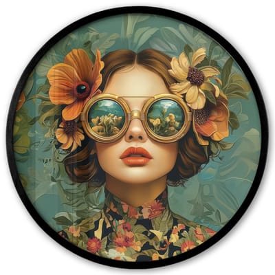 Poster in lijst Rond - Fotolijst 40x40 cm - Posters - Vrouw - Bloemen - Vlinders - Natuur - Vintage - Ronde posterlijst zwart - Decoratie - Wanddecoratie woonkamer - Muurdecoratie slaapkamer