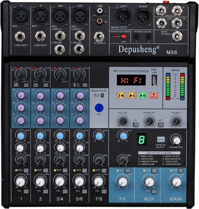 MX8 - Professionele 8-Kanaals DJ Audiomixer - Geluidskaart Console met 3-Bands Equalizer, USB & Bluetooth - 48V Fantoomvoeding - Ideaal voor Live Streaming