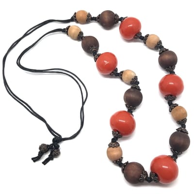Behave - Lange kralen ketting - Bruin, oranje - Houten en acryl kralen - 85 cm