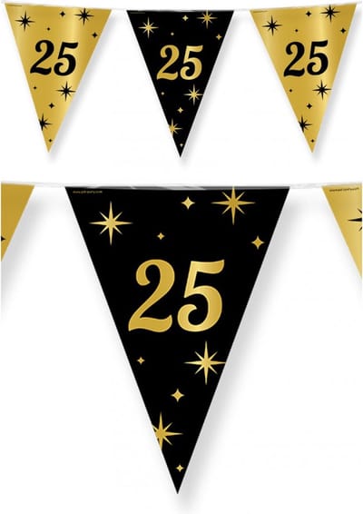 25 jaar Leeftijd verjaardag vlaggetjes - zwart/goud - 10 meter - versiering - feestartikelen