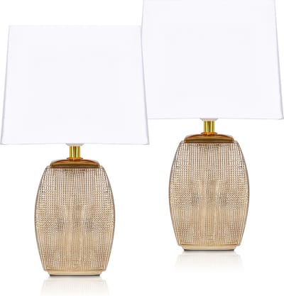 BRUBAKER Set van 2 Tafellampen - Bedlampjes - Decoratieve Lampen - Keramische voet - Wit - Goud - 38 cm