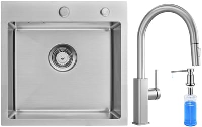 Auralum max Spoelbak Met Kraangat - Spoelbak Keuken Met Uittrekbare Uitloop Keukenkraan - Spoelbakken Keuken Met Zeepdispenser 300ML - Keuken Gootsteen 45 x 45 cm - Keuken Gootsteen met Sifon en Afvoerzeefje - Zilver