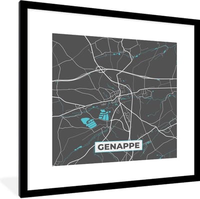 Fotolijst incl. Poster - Stadskaart – Grijs - Kaart – Genappe – België – Plattegrond - 40x40 cm - Posterlijst