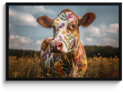 Poster in lijst - Fotolijst 90x60 cm - Posters - Koe - Bloemen - Weiland - Posterlijst zwart - Decoratie - Wanddecoratie woonkamer - Muurdecoratie slaapkamer