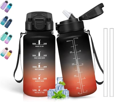 Thijox - Drinkfles voor Kinderen 0,5L met Rietje - Lekvrij en Tijdschaal - Duurzaam Kunststof - Zwart-Rood - Ideaal voor School, Camping en Reizen