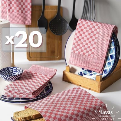 Theedoekenset Rood Glazendoeken 50x70 cm - Set van 20 - Geblokt - Blokdoeken Horeca 80% katoen 20% Polyester Theedoeken horeca