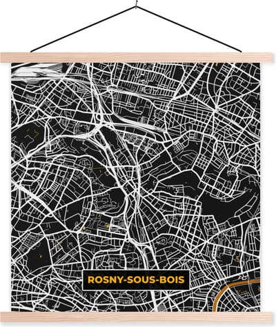 Posterhanger incl. Poster 40x40 cm - Schoolplaat - Rosny-sous-Bois - Kaart - Stadskaart - Frankrijk - Plattegrond - Textielposter - Blanke latten - Stadskaart