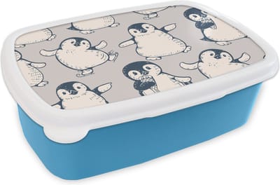 Broodtrommel Blauw - Lunchbox - Brooddoos - Patronen - Pinguïn - IJs - 18x12x6 cm - Kinderen - Jongen