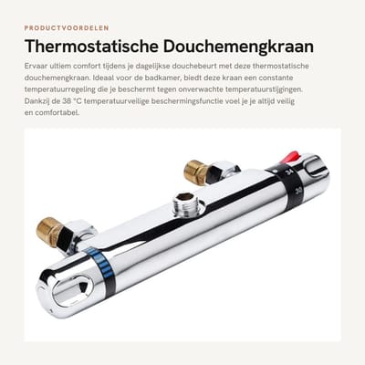 Dailygoods- Douchemengkraan Thermostatisch - Anti-verbranding - Warm/Koud Water - Temperatuurregeling 20-50 °C - Verchroomd Koper - Corrosiebestendig - Douchekraan
