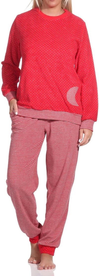 Dames Badstof pyjama met manchetten in hartjespolka-dot en streepmotief - ook in overmaten