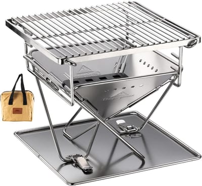 SnelShoppen - 3-in-1 Draagbare RVS Houten Grill en Vuurschaal 24.5cm met Draagtas voor Camping, Tuin en Buiten koken