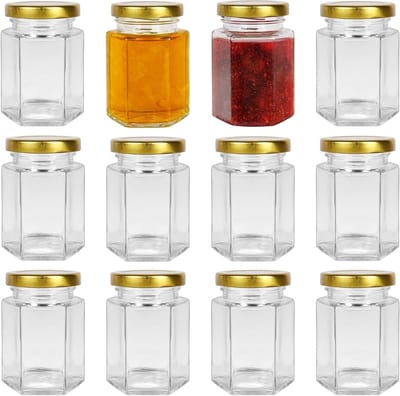 12 Stuks 4 oz Hexagonale Glazen Potten met Gouden Deksel voor Inmaken, Specerijen, Snoep en Creatieve Projecten