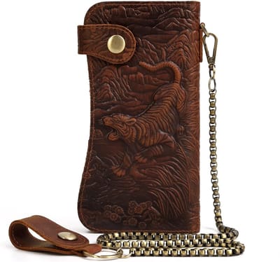 Leren bifold portemonnee met kettingslot en ritsvak voor munten, retro stijl, duurzaam en praktisch