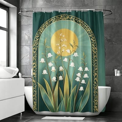 Floraweg douchegordijn, badkamergordijn, met lelietje-van-dalen-motief, digitaal bedrukt, schimmelbestendig, inclusief 12 haken, waterdicht, machinewasbaar, polyester, 180 x 200 cm