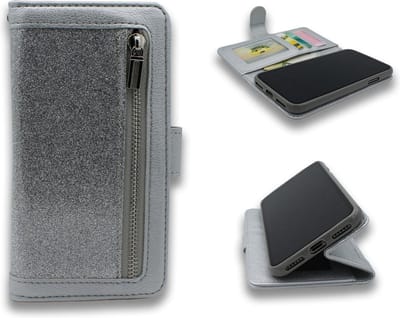 HB Hoesje Geschikt voor Apple iPhone 12 Mini - Zilver - Glitter - Luxe Portemonnee Book Case met Rits